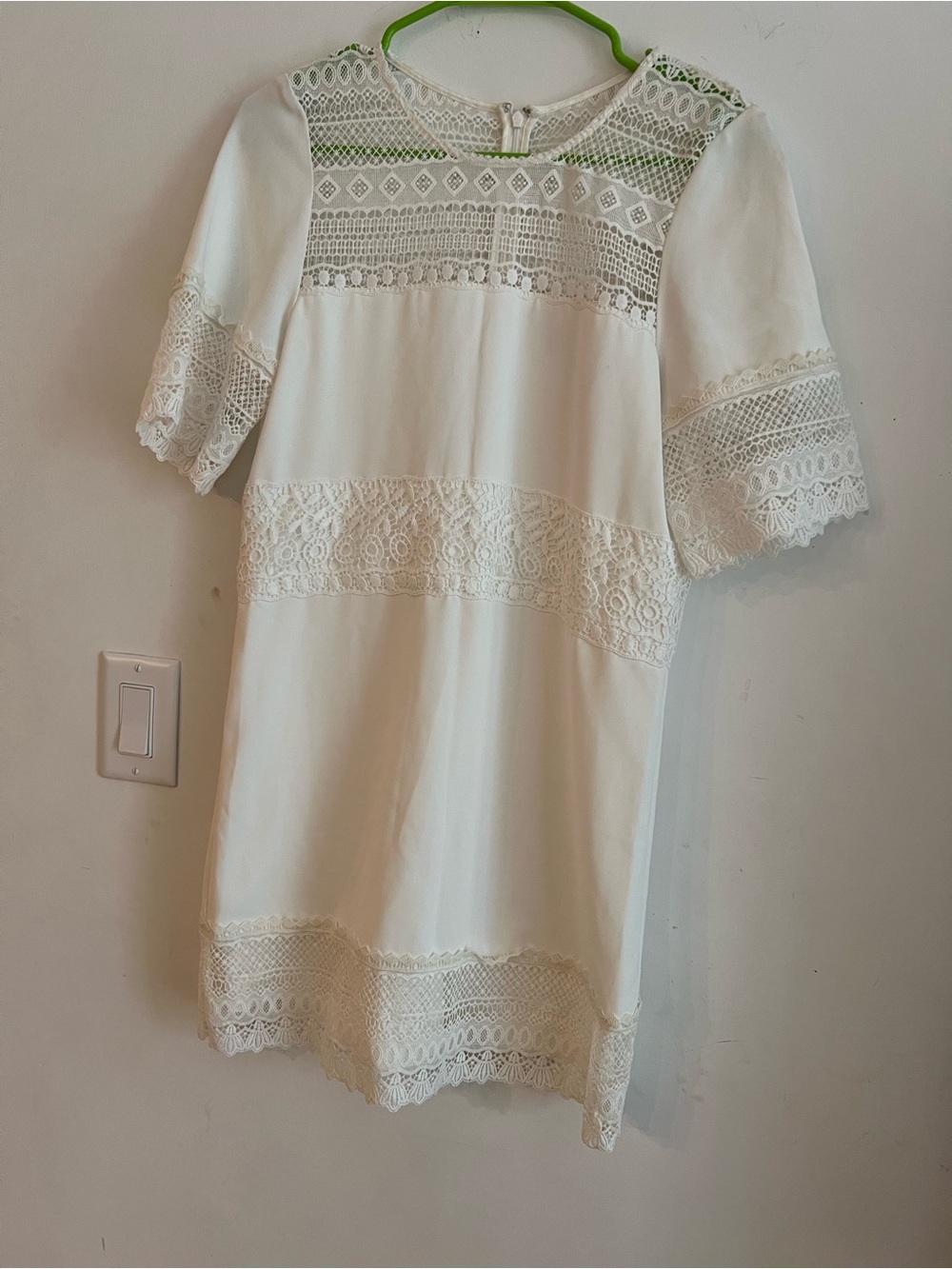 Parker XS Ivory Lace Shift Dress Bell Sleeve Crochet Sheath Lined Boho